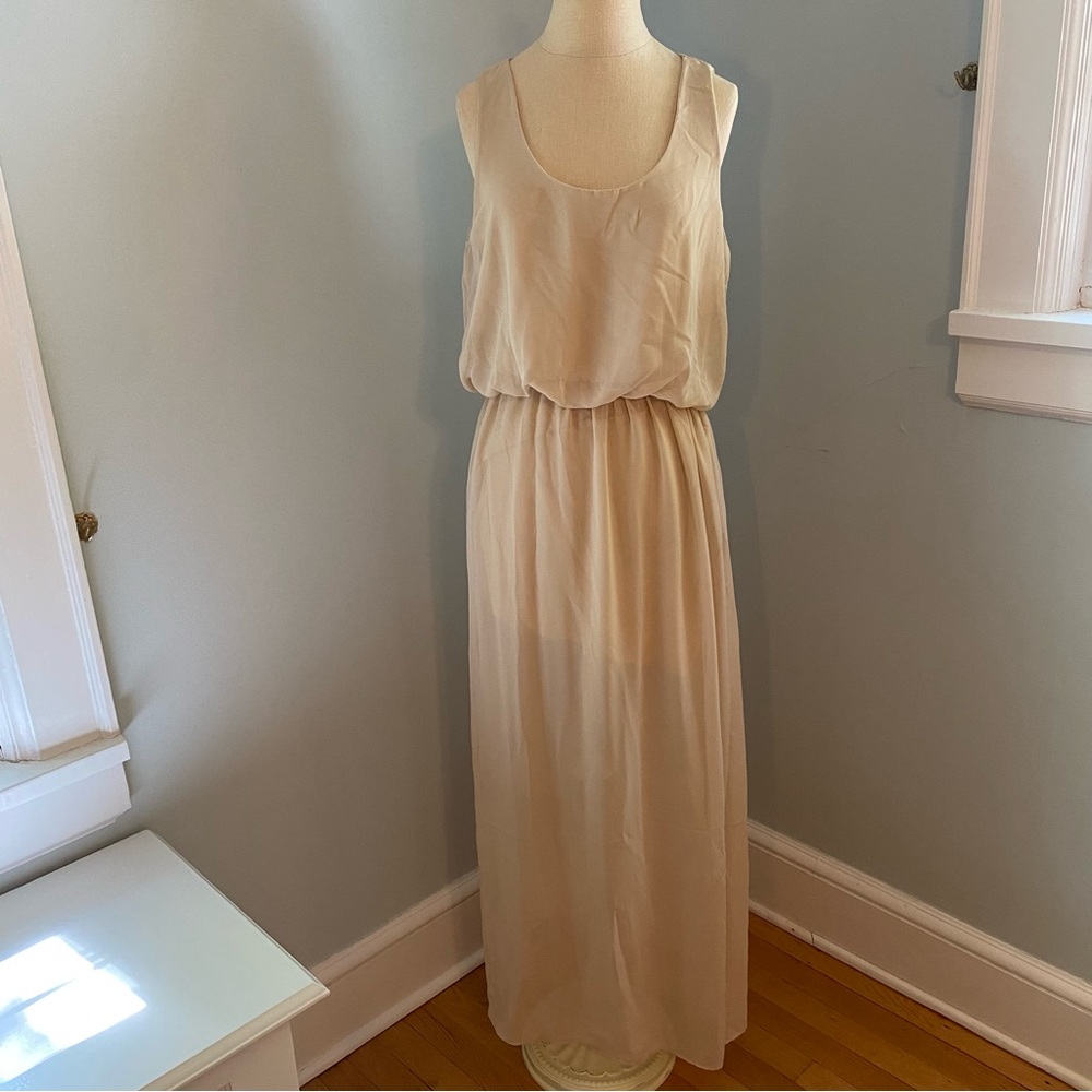 Malloy Sheer Beige Lined Maxi Dress with Elastic Waist